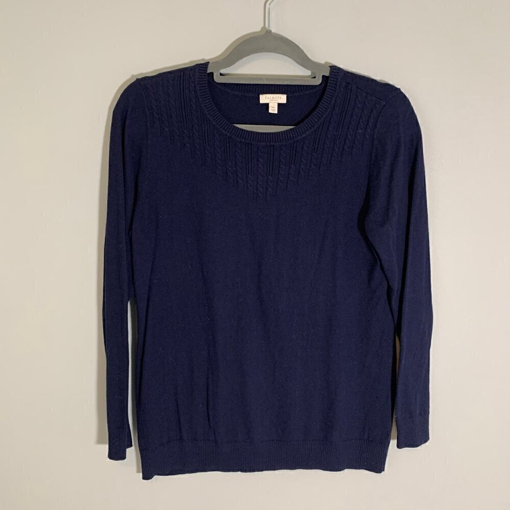 Talbots Petite Navy Blue Cable‎ Knit Pointelle Yoke Cotton Blend Sweater MP